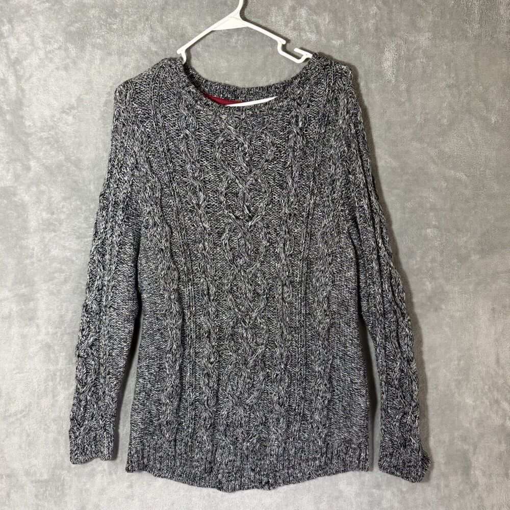 J.Jill Womens XL Charcoal Gray Marled Cable Knit Crewneck Sweater Chunky Cozy